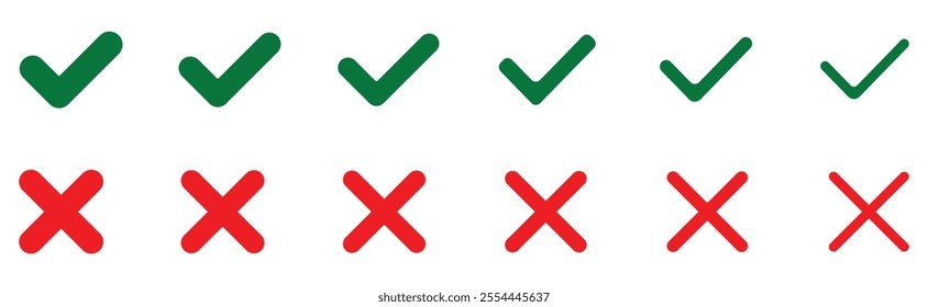 Green check mark and red cross mark icon set. Red Cross marks. Cross icon. Negative selection mark. Tick icon set. Stylish check mark icon set in green and red color. Vector illustration. 