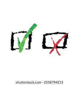 Green check mark and red cross made with grunge brush, bold brush strokes forming check mark and cross, correct and incorrect icons, accept and reject vector symbols, vector buttons for vote