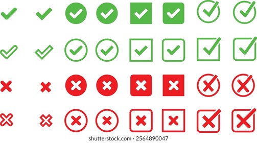 Green check mark and red cross icons: Flat style set for Yes-No, Approved-Rejected, Right-Wrong decisions. Vector illustration.