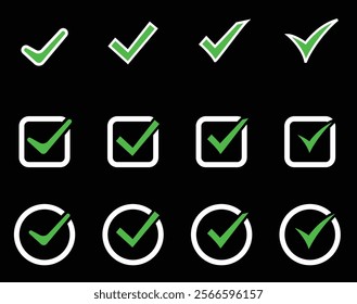 Green check mark and red cross icon set, circle and square. Tick symbol in green color. Hand drawn checkmark illustration. Vector illustration