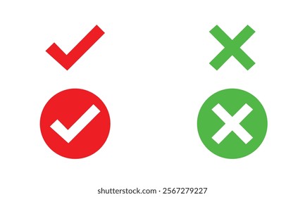Green check mark, red cross mark icon set. Isolated tick symbols, checklist signs, approval badge. vector illustration.