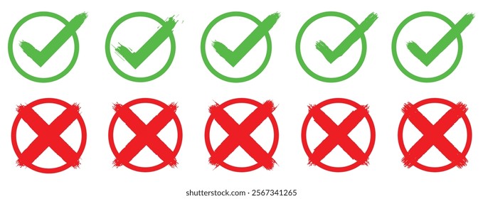 Green check mark and red cross icon set, circle, and square. Tick symbol in green color. Hand-drawn checkmark illustration. transparent Green check mark, green circle white tick symbols,