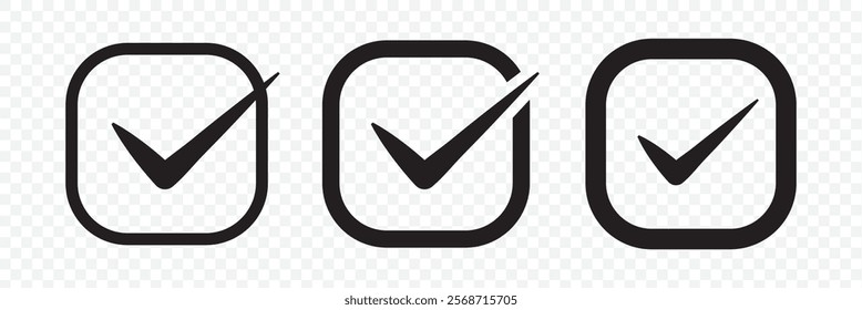 Green check mark and red cross icon set, circle and square. Tick symbol in green color. Hand drawn checkmark illustration. Vector illustration