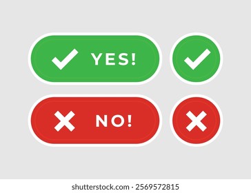 Green check mark and red cross mark icon. Realistic right and wrong button. Confirm and cancel icon. Accept and reject. UI click button. Vector illustration