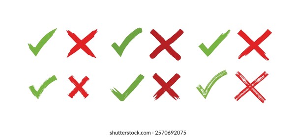 Green check mark and red cross mark icon set. Isolated tick and cross symbols for checklist, approval, and rejection. Flat and modern vector illustration.
