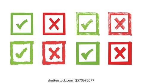Green check mark and red cross mark icon set. Isolated tick and cross symbols for checklist, approval, and rejection. Flat and modern vector illustration.