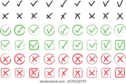 Green check mark and red cross icon set, circle and square. Tick symbol in green color. Hand drawn checkmark illustration. Vector illustration