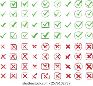 Green check mark and red cross icon set, circle and square. Tick symbol in green color. Hand drawn checkmark illustration. Vector illustration