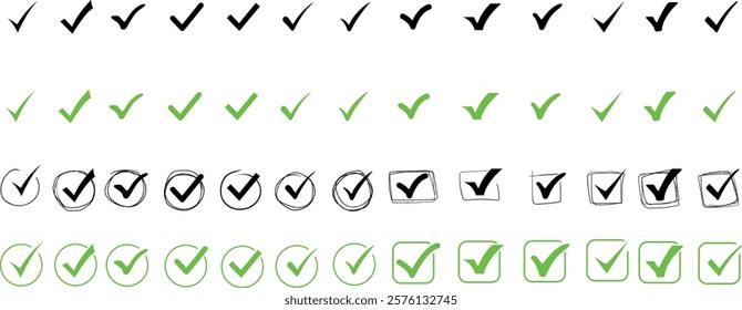 Green check mark and red cross icon set, circle and square. Tick symbol in green color. Hand drawn checkmark illustration. Vector illustration