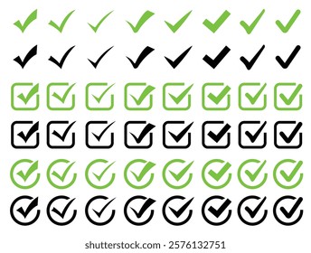 Green check mark and red cross icon set, circle and square. Tick symbol in green color. Hand drawn checkmark illustration. Vector illustration