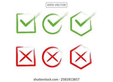 Green check mark and red cross icon set, circle and square. Tick symbol in green color. Hand drawn