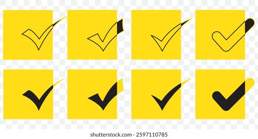 Green check mark and red cross icon set, circle and square. Tick symbol in green color. Hand drawn checkmark illustration. Vector illustration. EPS 10.