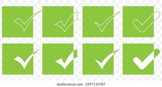 Green check mark and red cross icon set, circle and square. Tick symbol in green color. Hand drawn checkmark illustration. Vector illustration. EPS 10.