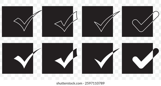 Green check mark and red cross icon set, circle and square. Tick symbol in green color. Hand drawn checkmark illustration. Vector illustration. EPS 10.