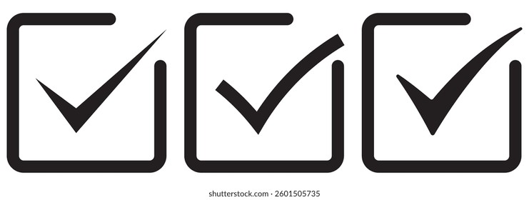 Green check mark and red cross icon set, circle and square. Tick symbol in green color. Hand drawn checkmark illustration. Vector illustration