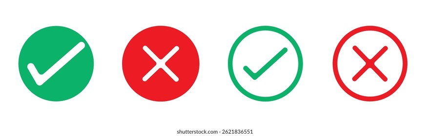 Green check mark and red cross mark icon. Check mark vector icon. Validation and refusal icon. Vector illustration.