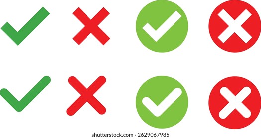Green Check Mark Red Cross: Approval Denial Icons,
Tick and X Symbols: Correct Incorrect Indicators,
Confirmation Error Icons: Modern UI Elements.