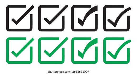 Green check mark and red cross icon set, circle and square. Tick symbol in green color. Hand drawn checkmark illustration. Vector illustration
