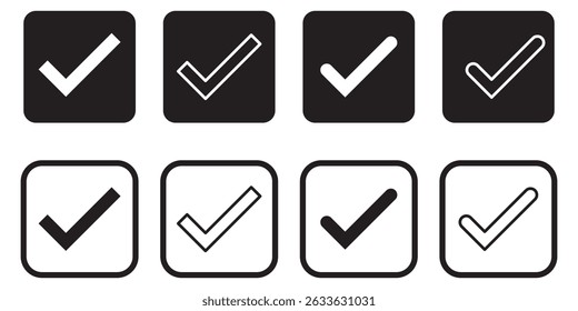 Green check mark and red cross icon set, circle and square. Tick symbol in green color. Hand drawn checkmark illustration. Vector illustration