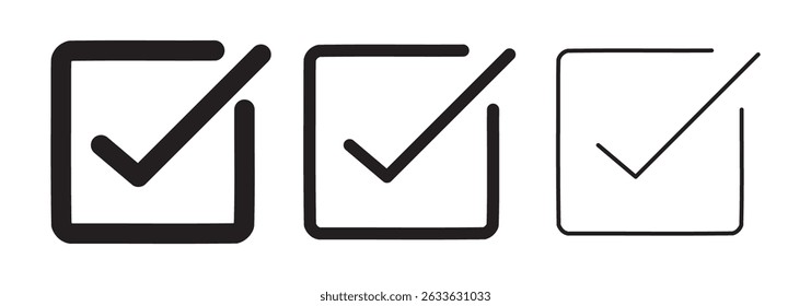 Green check mark and red cross icon set, circle and square. Tick symbol in green color. Hand drawn checkmark illustration. Vector illustration
