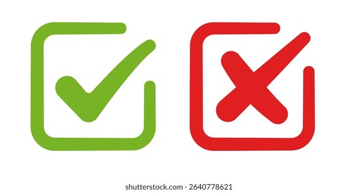 Green check mark and red cross in square. Vector illustration