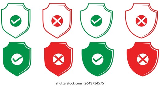 Green check mark and red cross shield set. Tick symbol, x cross, Approved, rejected, yes, and no Correct, incorrect sign. Right and wrong mark icon. Set of security shield icon with tick, cross mark.