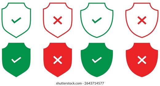 Green check mark and red cross shield set. Tick symbol, x cross, Approved, rejected, yes, and no Correct, incorrect sign. Right and wrong mark icon. Set of security shield icon with tick, cross mark.