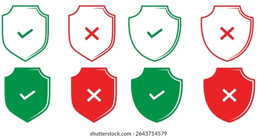 Green check mark and red cross shield set. Tick symbol, x cross, Approved, rejected, yes, and no Correct, incorrect sign. Right and wrong mark icon. Set of security shield icon with tick, cross mark.