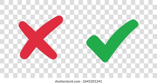 Green check mark and red cross icon.Set of simple icons in flat style