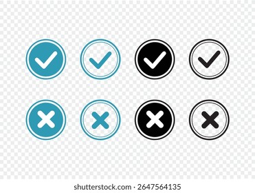 Green check mark and red cross icon set, circle and square. Tick symbol in green color. Hand drawn checkmark illustration. Vector illustration