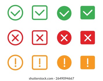 Green check mark and red cross mark icon set. Isolated tick symbols. Checklist signs. Approval badge. Flat and modern checkmark design. Vector illustration