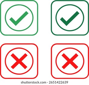 Iconos de marca de verificación verde y marca de cruz roja en cuadrados redondeados sobre un fondo negro. Aprobación y rechazo.