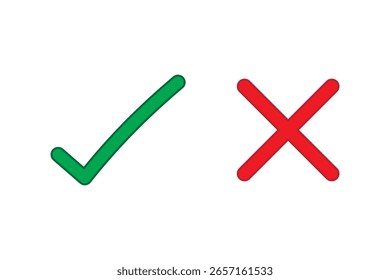 Marca de verificación verde e icono de marca de cruz roja. Ilustración vectorial.