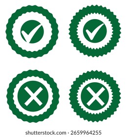 Green check mark and red cross icon set, circle and square. Tick symbol in green color. Hand drawn checkmark illustration