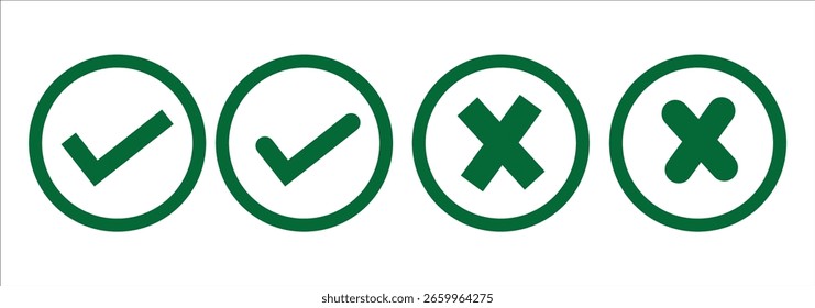 Marca de verificación verde y conjunto de iconos de cruz roja, círculo y cuadrado. Símbolo de la marca en color verde. Ilustración de marca de verificación dibujada a mano