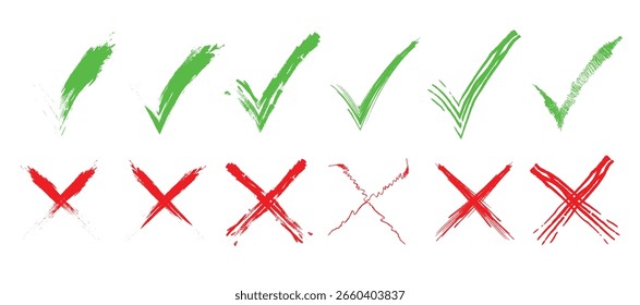 Green check mark and red cross icon set, circle and cross. Tick symbol in green color. Hand drawn checkmark and cross illustration. right and wrong