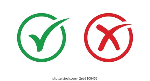Green check mark and red cross symbol icon representing correct and incorrect choices, approval and rejection, decision making, success and failure, validation and error concepts