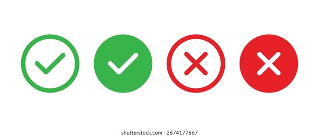 Marca de verificación verde e icono de marca de cruz roja. Iconos de marca de verificación cruzada, conjunto de Botones redondos planos. Ilustración vectorial