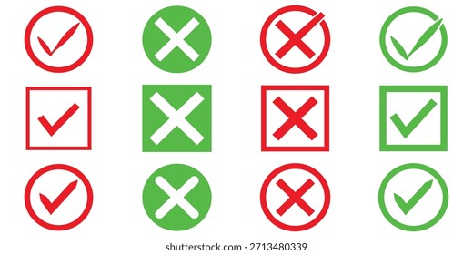 Conjunto de iconos de marca de verificación verde y cruz roja, símbolos de marca y X en marcos circulares y cuadrados, Aprobación y Ilustración vectorial de lista de verificación