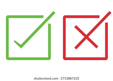 Marca de verificación verde e icono de marca de la cruz roja en la caja. Icono de casilla de verificación rojo y verde. Marca de garrapata verde y marca de cruz roja Icono. Ilustración vectorial.