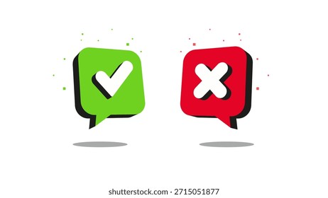 La marca de verificación verde y los iconos de la cruz roja aparecen en las burbujas de discurso 3D. Los símbolos de Vector representan respuestas afirmativas y negativas para votar. Los signos aislados indican elecciones correctas e incorrectas.