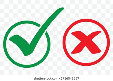 Green check mark and red cross symbols for yes no correct incorrect choices approval rejection vector