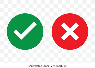Green check mark and red cross symbols for yes no correct incorrect choices approval rejection vector