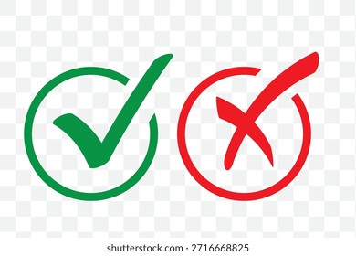 Green check mark and red cross symbols for yes no correct incorrect choices approval rejection vector