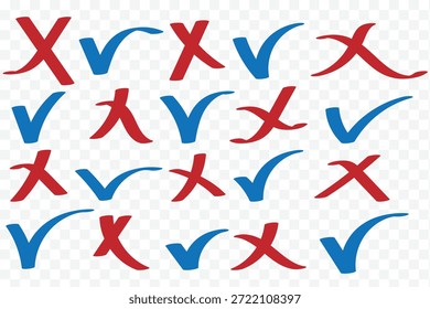 Marca de verificación verde y conjunto de iconos de cruz roja. Marque la casilla de verificación con el icono correcto, acepte los iconos de marca de verificación. Aprobar símbolo. Iconos correctos e incorrectos, Botones redondos planos. colores verdes y rojos.