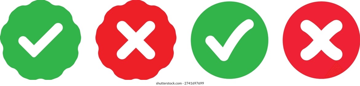 Green check mark and red cross mark icon. set. Success and failure symbols. right and wrong buttons. Yes and no signs. checklist signs