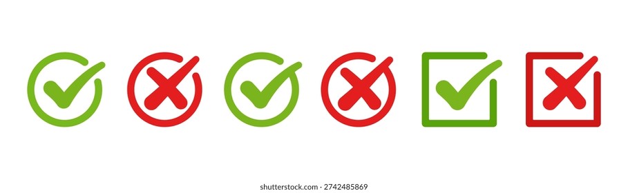 Green check mark and red cross mark icon set. Minimalist yes and no choice icon collection. Clean true and false symbol illustration
