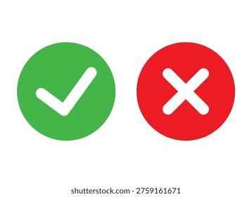 Green Check Mark and Red Cross Icons Vector Illustration. Trendy Flat Circle Symbols for Yes and No, Correct and Incorrect, Success and Failure. UI UX Interface Buttons for Voting Decision Design.