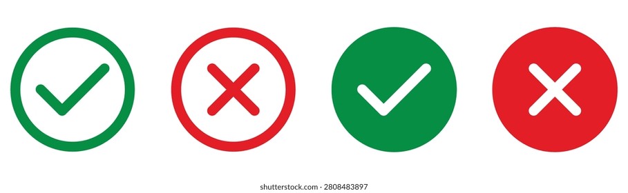 Green check mark and red cross vector icons set for approval or denial signs