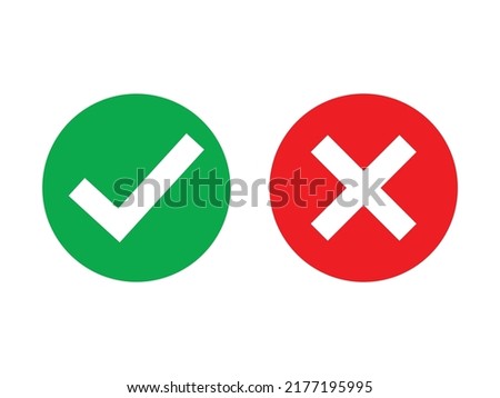Green check mark and red cross icon. Set of simple icons in flat style: Yes-No, Approved-Disapproved, Accepted-Rejected, Right-Wrong, Correct-False, Green-Red, Ok-Not Ok. Vector illustration